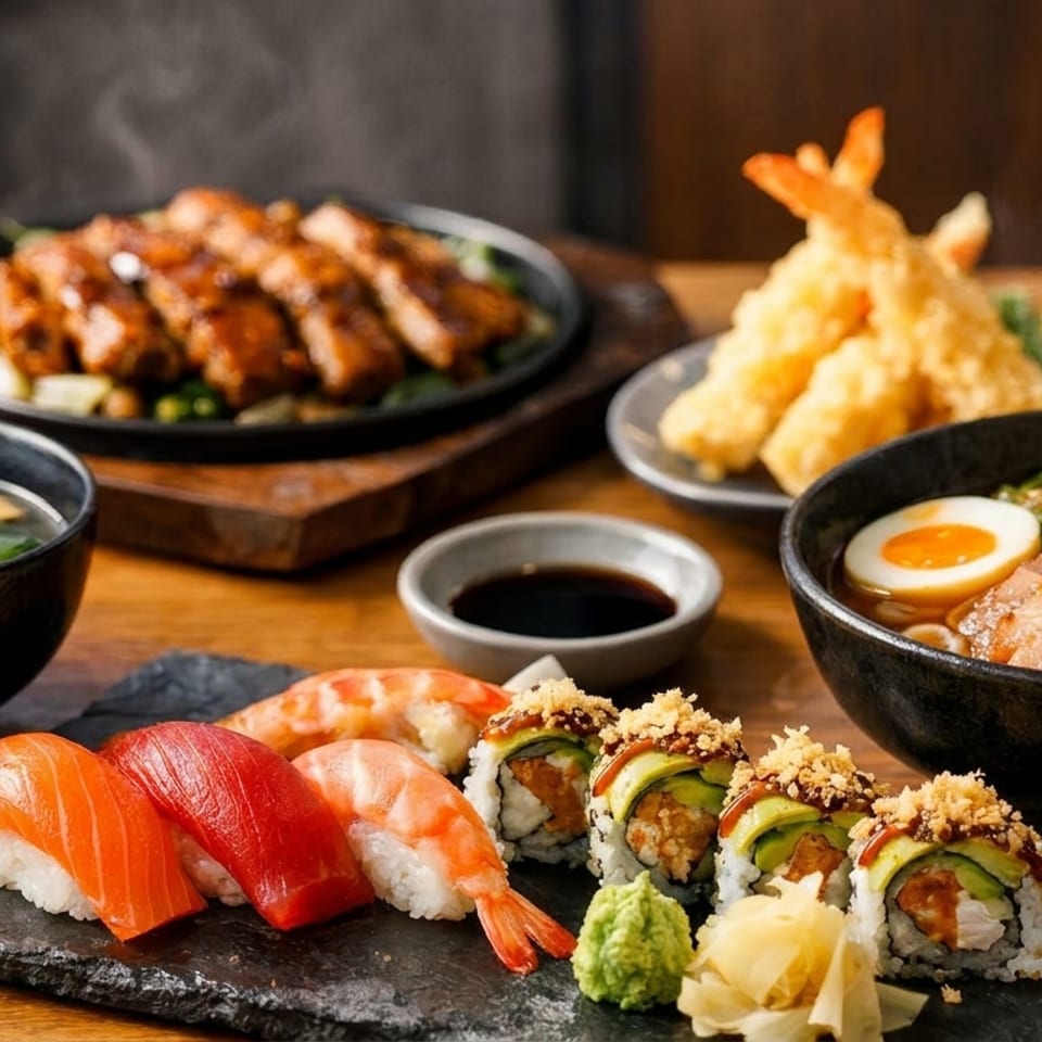 A feast of Japanese dishes including sushi, ramen, tempura, miso soup, and grilled meat.