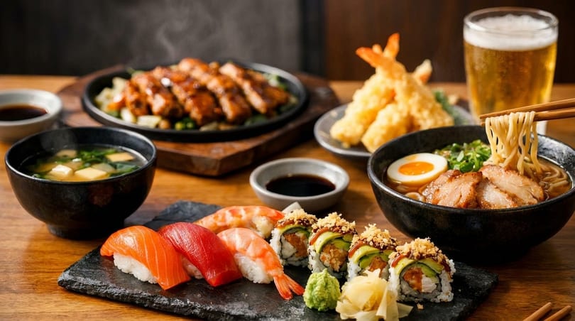 A feast of Japanese dishes including sushi, ramen, tempura, miso soup, and grilled meat.