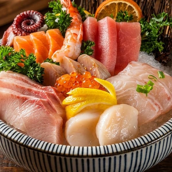 A colorful sashimi platter with various seafood, including salmon, tuna, scallops, and octopus, on ice.