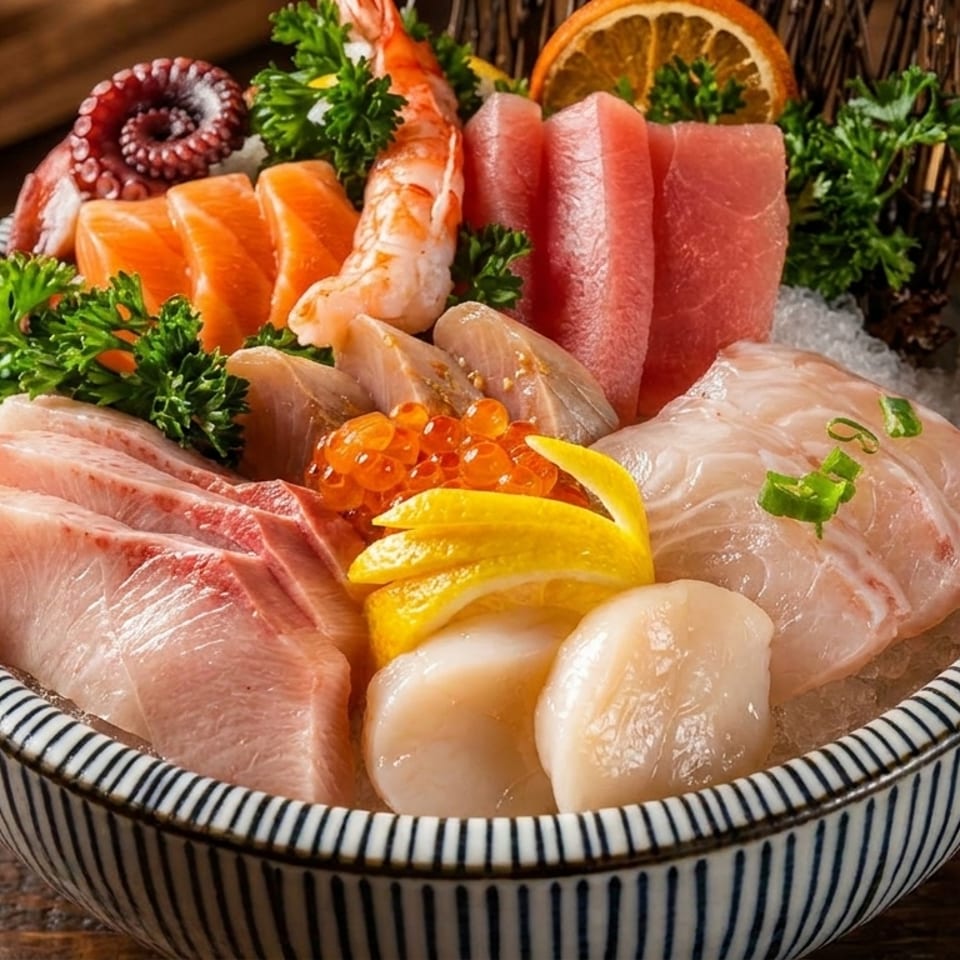 A colorful sashimi platter with various seafood, including salmon, tuna, scallops, and octopus, on ice.
