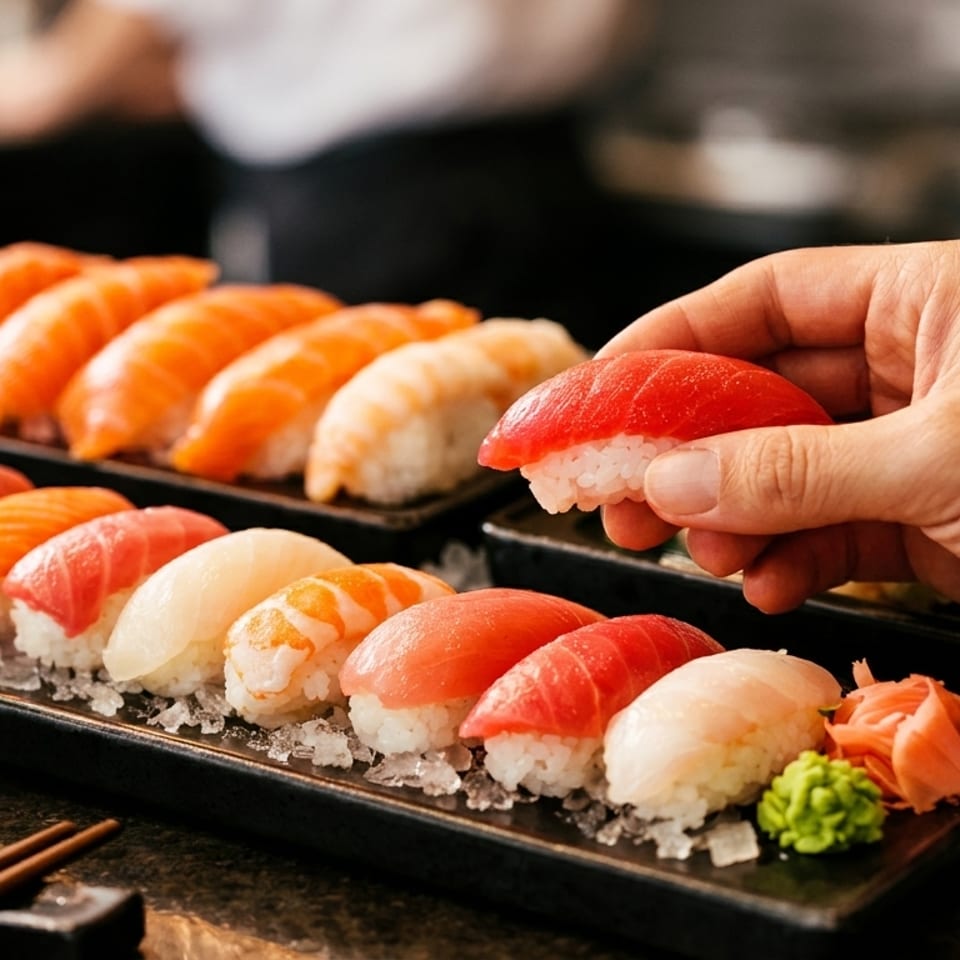 A hand picks up a piece of tuna nigiri from a platter of assorted sushi on ice.