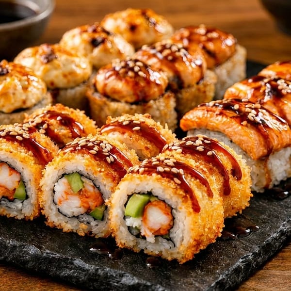 Assortment of sushi rolls with various toppings and sauces, served on a dark slate board.