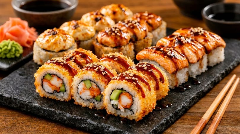 Assorted sushi rolls, including fried, baked, and salmon-topped, with ginger, wasabi, and soy sauce.
