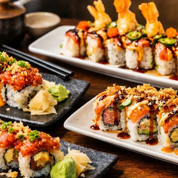 Three plates of sushi rolls, including spicy tuna, salmon, and shrimp tempura, on a wooden table.