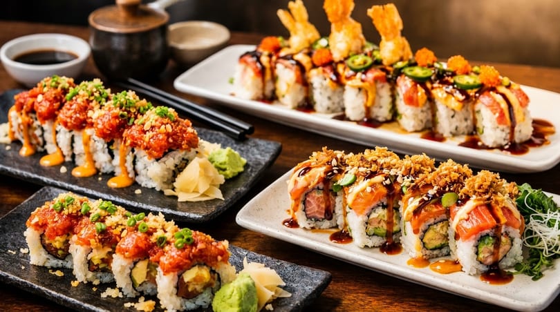 Three plates of sushi rolls, including spicy tuna, salmon, and shrimp tempura, on a wooden table.