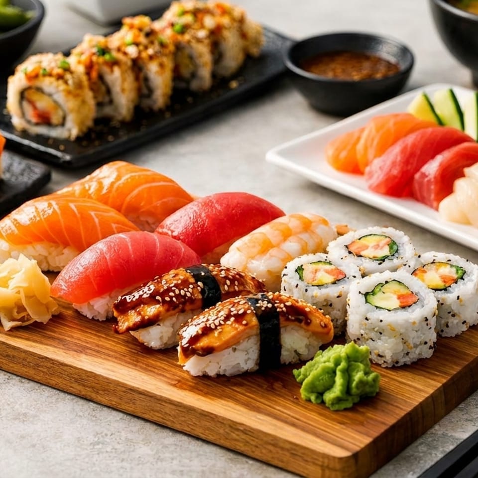 A vibrant spread of various sushi and sashimi, including nigiri, maki rolls, and a side of edamame.