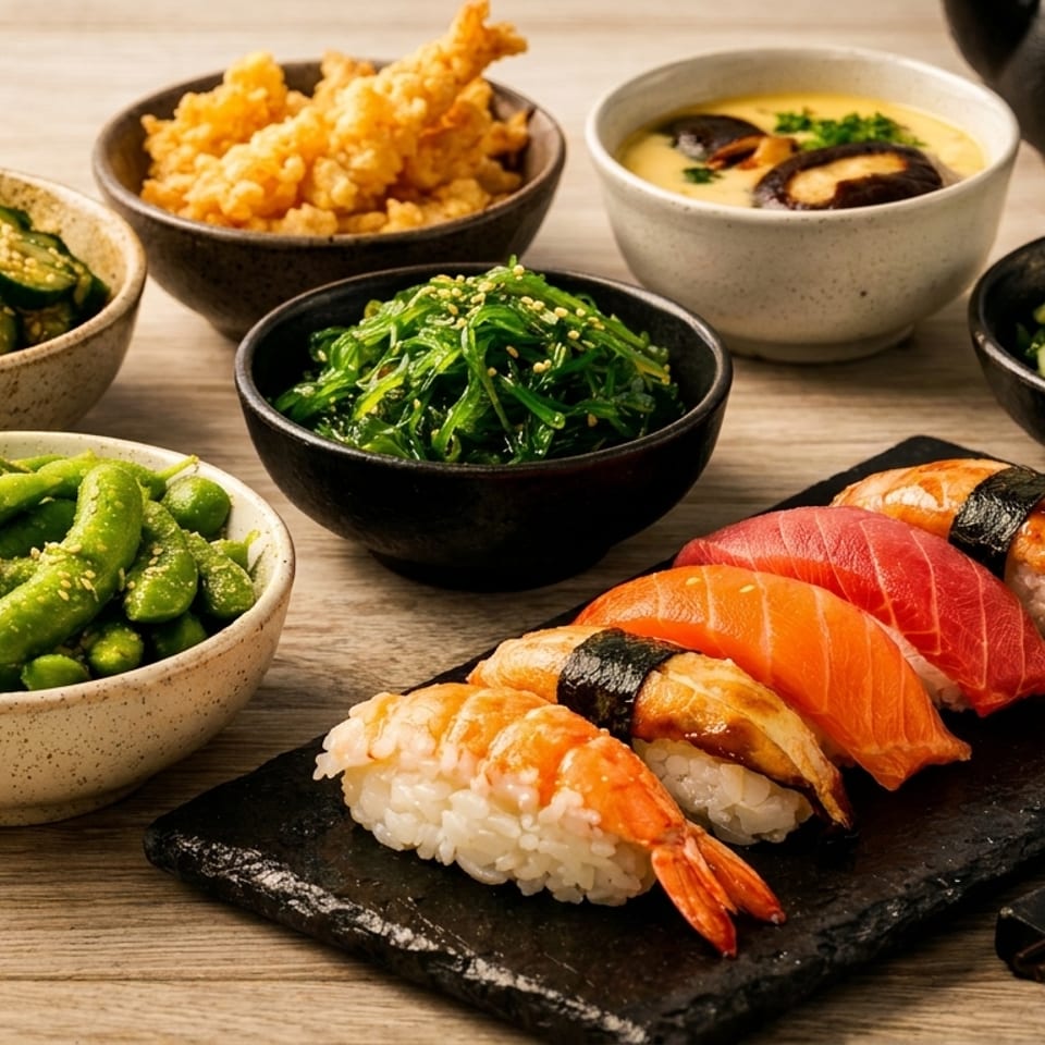 A variety of Japanese dishes including sushi, edamame, seaweed salad, and tempura on a wooden table.