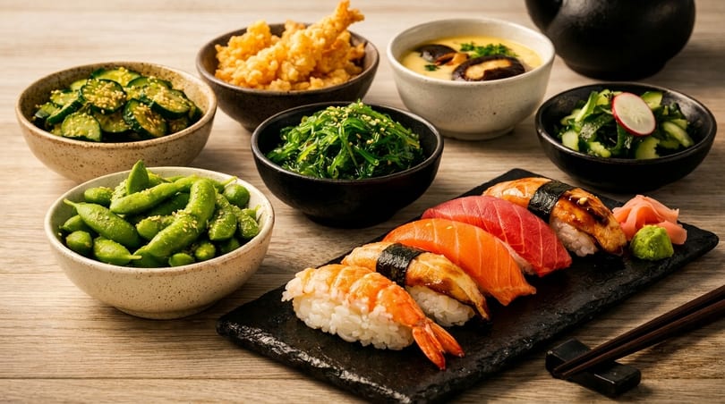 A variety of Japanese dishes including sushi, edamame, seaweed salad, and tempura on a wooden table.
