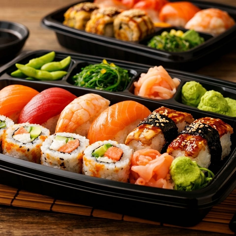 Two black plastic trays filled with assorted sushi, edamame, seaweed salad, ginger, and wasabi.