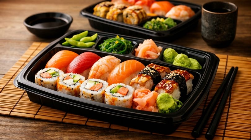 Two black plastic trays filled with assorted sushi, edamame, seaweed salad, ginger, and wasabi.