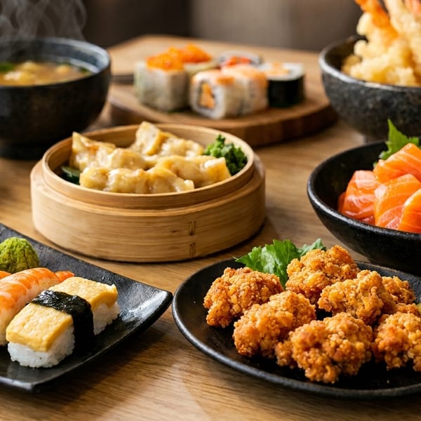 A wooden table laden with various Japanese dishes, including sushi, sashimi, tempura, gyoza, and karaage.