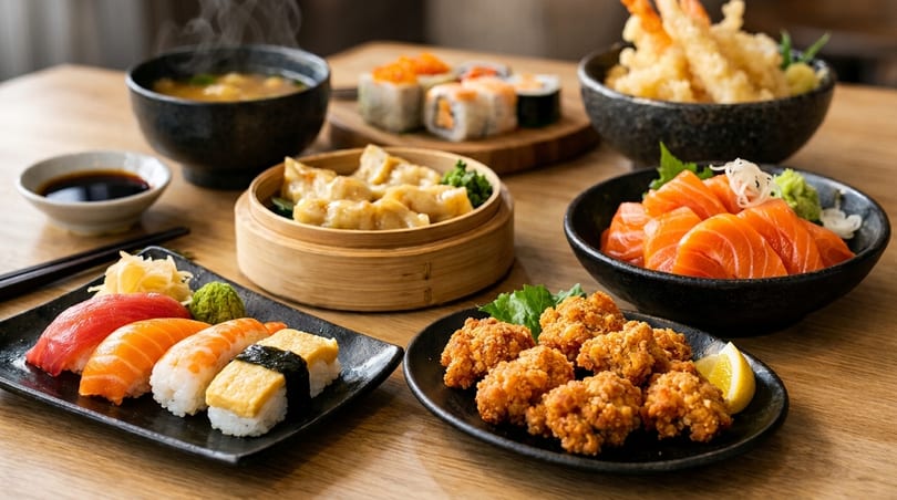 A wooden table laden with various Japanese dishes, including sushi, sashimi, tempura, gyoza, and fried chicken.