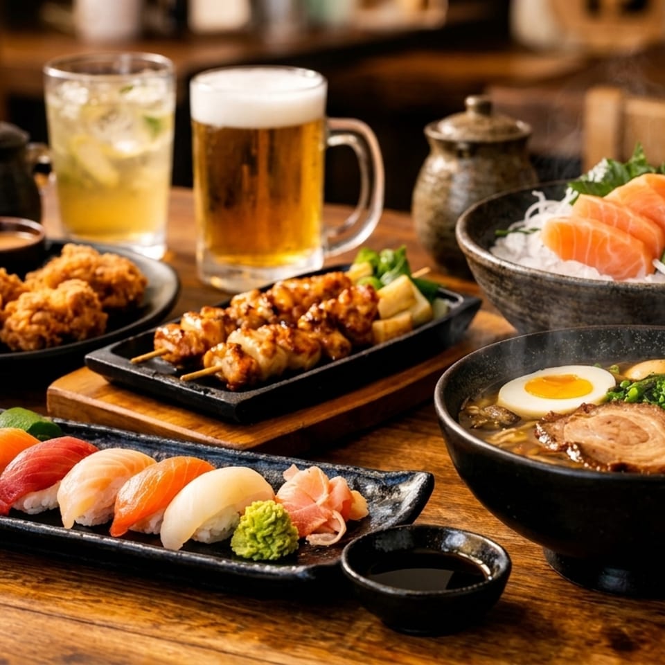 A wooden table laden with various Japanese dishes including sushi, ramen, sashimi, fried chicken, and drinks.