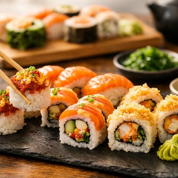 A hand uses chopsticks to pick up a piece of sushi from a platter of various sushi rolls.